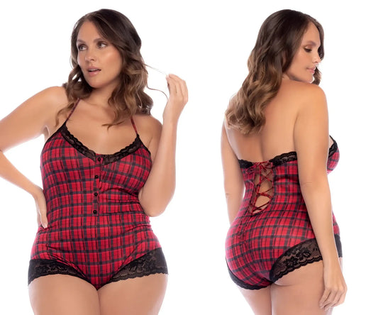 Mapale 7590x sleep romper red plaid one-piece bodysuit with lace trim in red and black plaid pattern