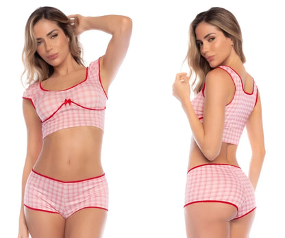 Mapale 7591 two piece pajama set in pink and white checkered fabric with red trim for comfortable sleepwear