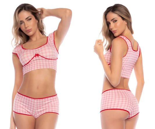 Mapale 7591 two piece pajama set in pink and white checkered fabric with red trim for comfortable sleepwear
