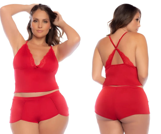 Mapale 7593x two piece pajama set in red features a lace-trimmed halter top with crisscross back and matching shorts