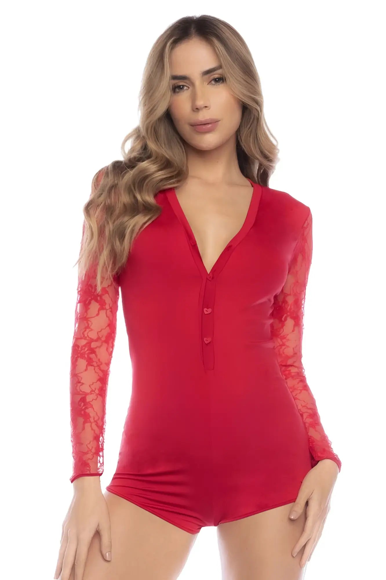 Red long-sleeved lace bodysuit with button-front neckline by Mapale perfect for sleep or loungewear