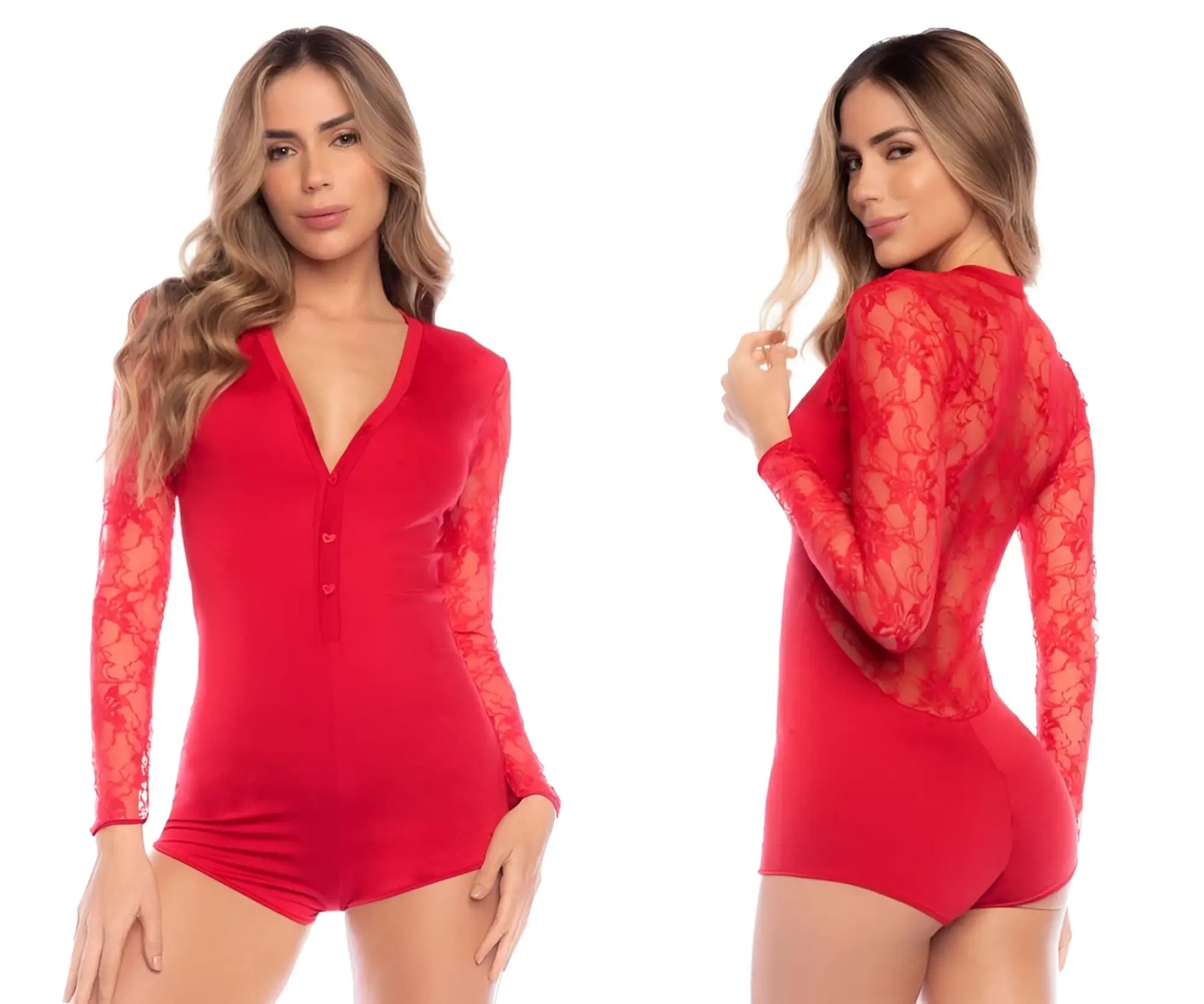 Red long-sleeved lace bodysuit with v-neck and button-front detail from Mapale 7594 sleep romper collection