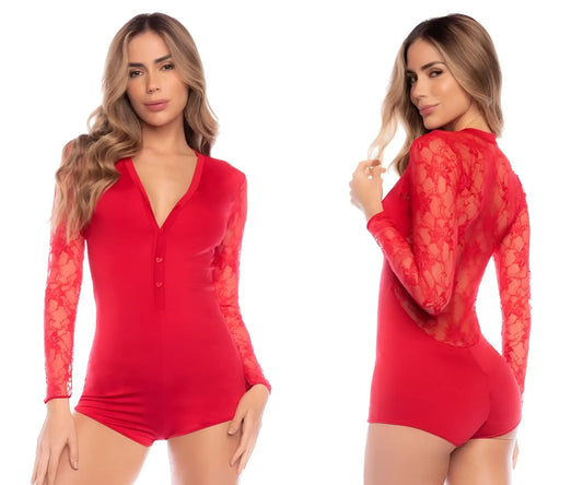 Red long-sleeved lace bodysuit with v-neck and button-front detail from Mapale 7594 sleep romper collection