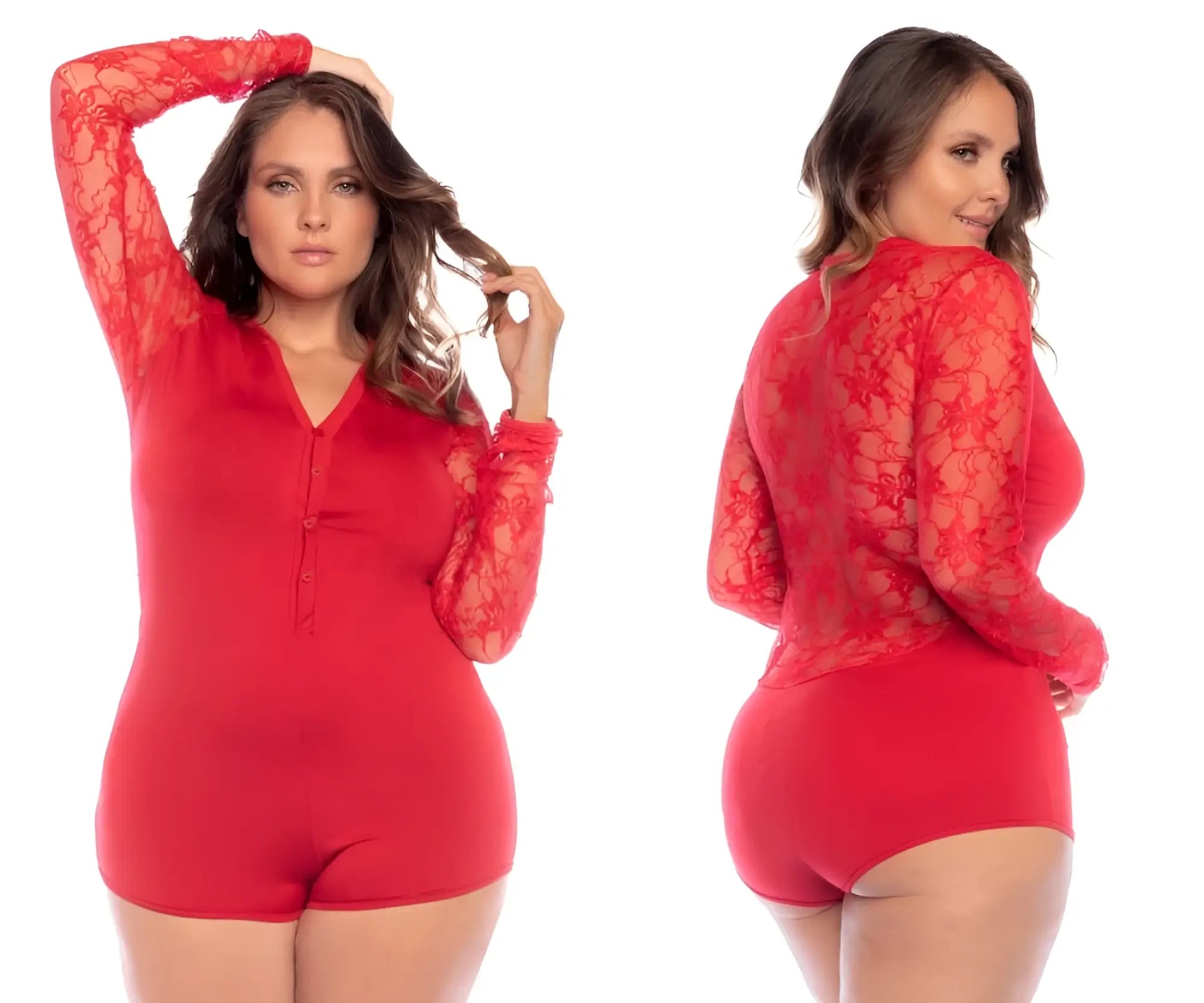 Red lace long sleeve sleep romper by mapale with sheer floral pattern and solid red fabric panels