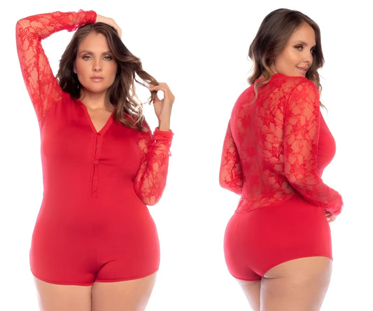 Red lace long sleeve sleep romper by mapale with sheer floral pattern and solid red fabric panels