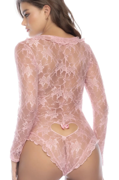 Back view of mapale 7599 sleep romper in rose pink floral lace with heart-shaped cutout bodysuit design