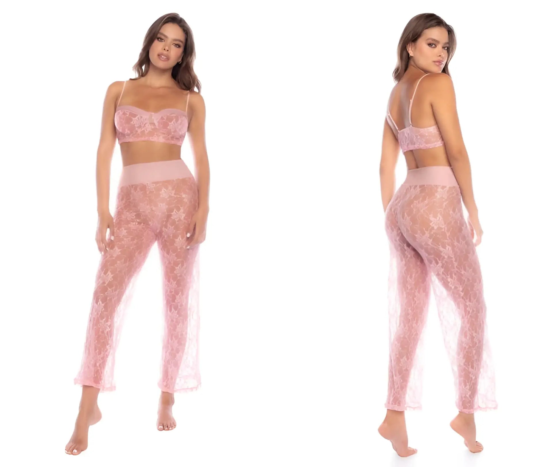 Delicate pink lace mapale 7600 two-piece pajama set with star-patterned bra top and high-waisted pants in rose color