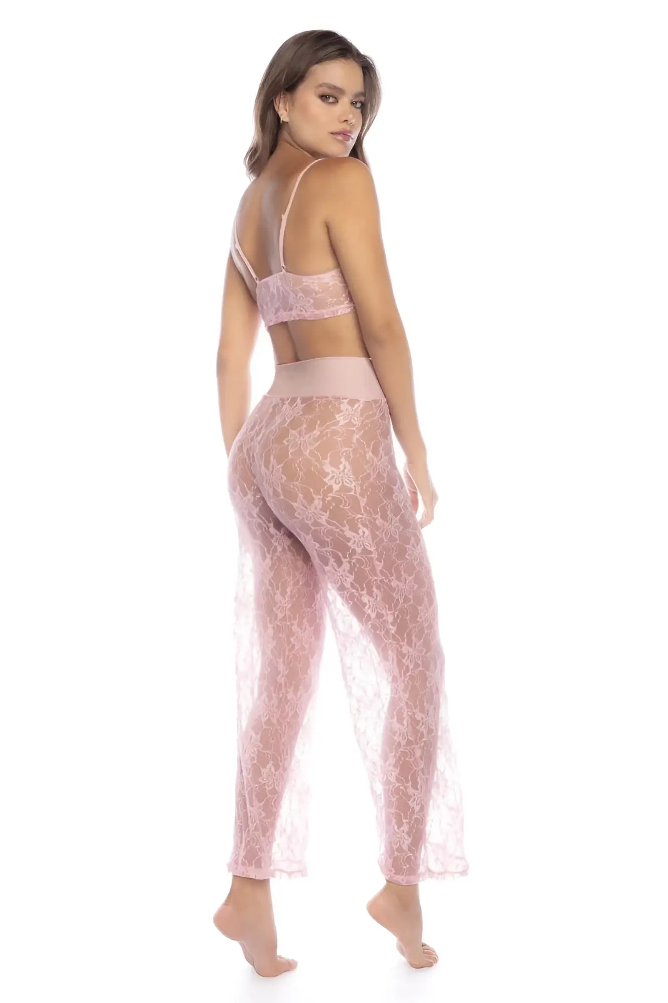 Delicate pink lace two-piece pajama set by mapale featuring a matching bra and high-waisted sheer flowing pants