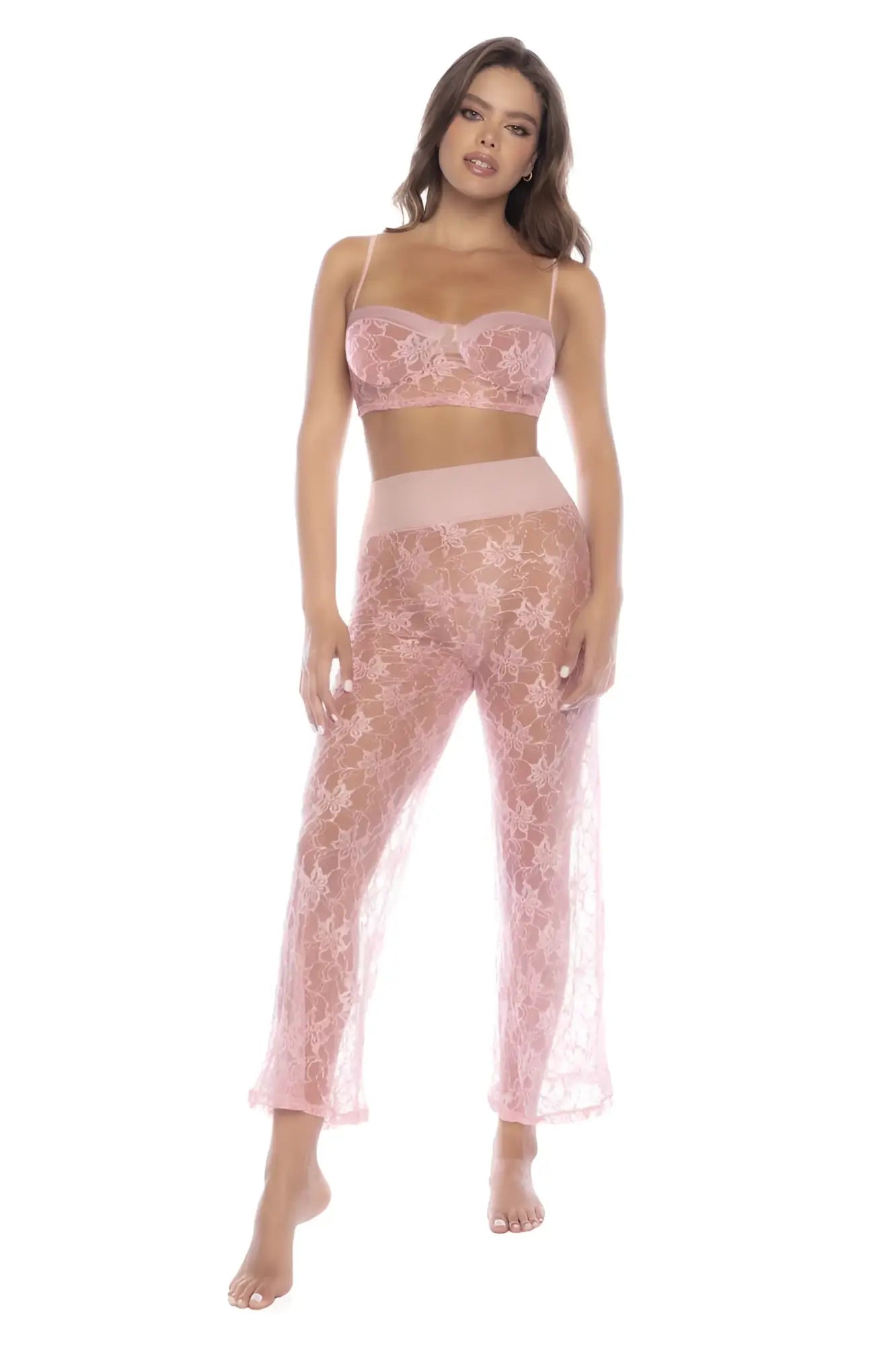 Mapale 7600 delicate pink lace two-piece pajama set with floral bralette and high-waisted pants in rose color