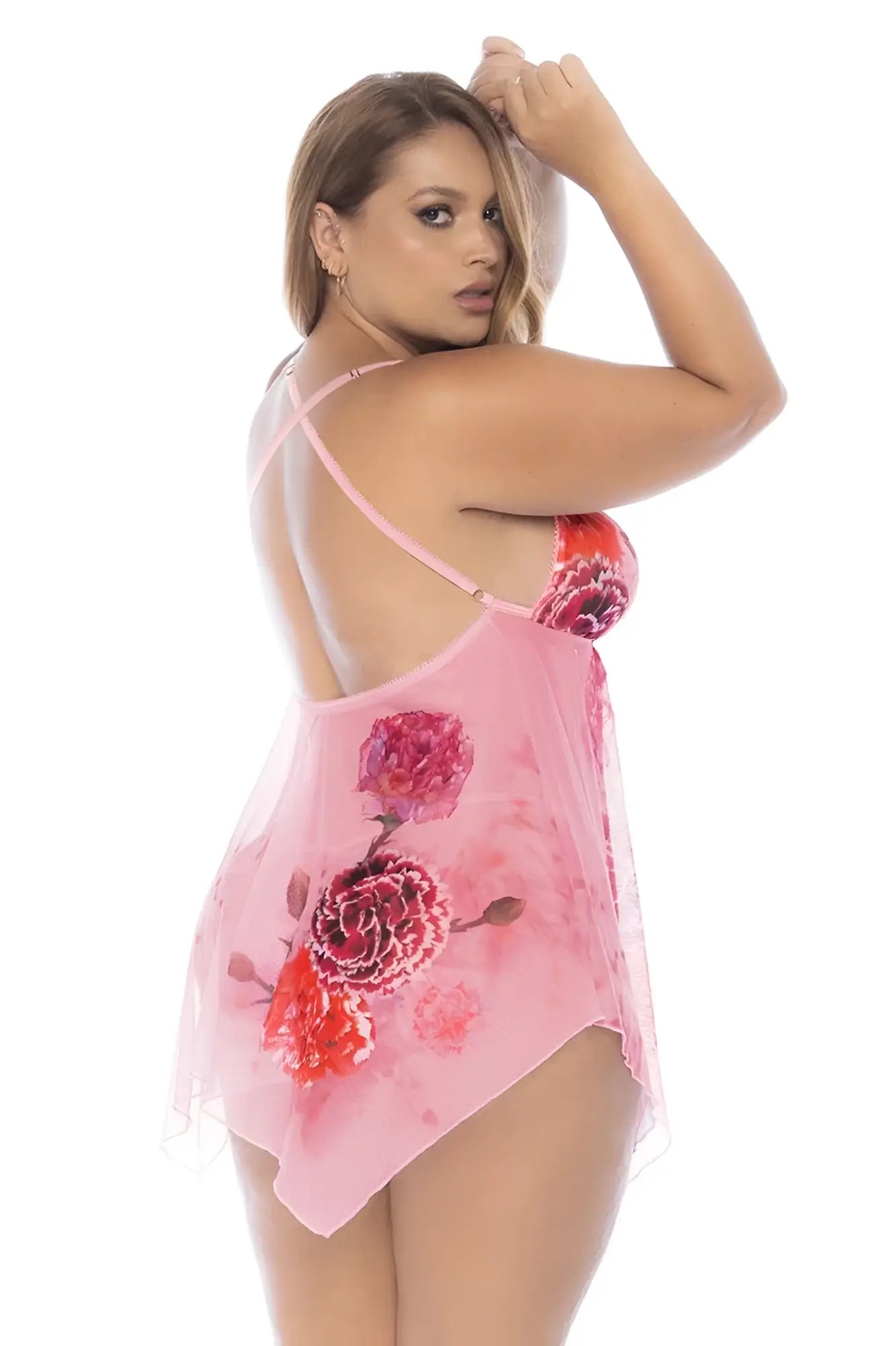 Pink floral sheer mapale 7607x babydoll nightgown with thin straps and backless design shown from the back side