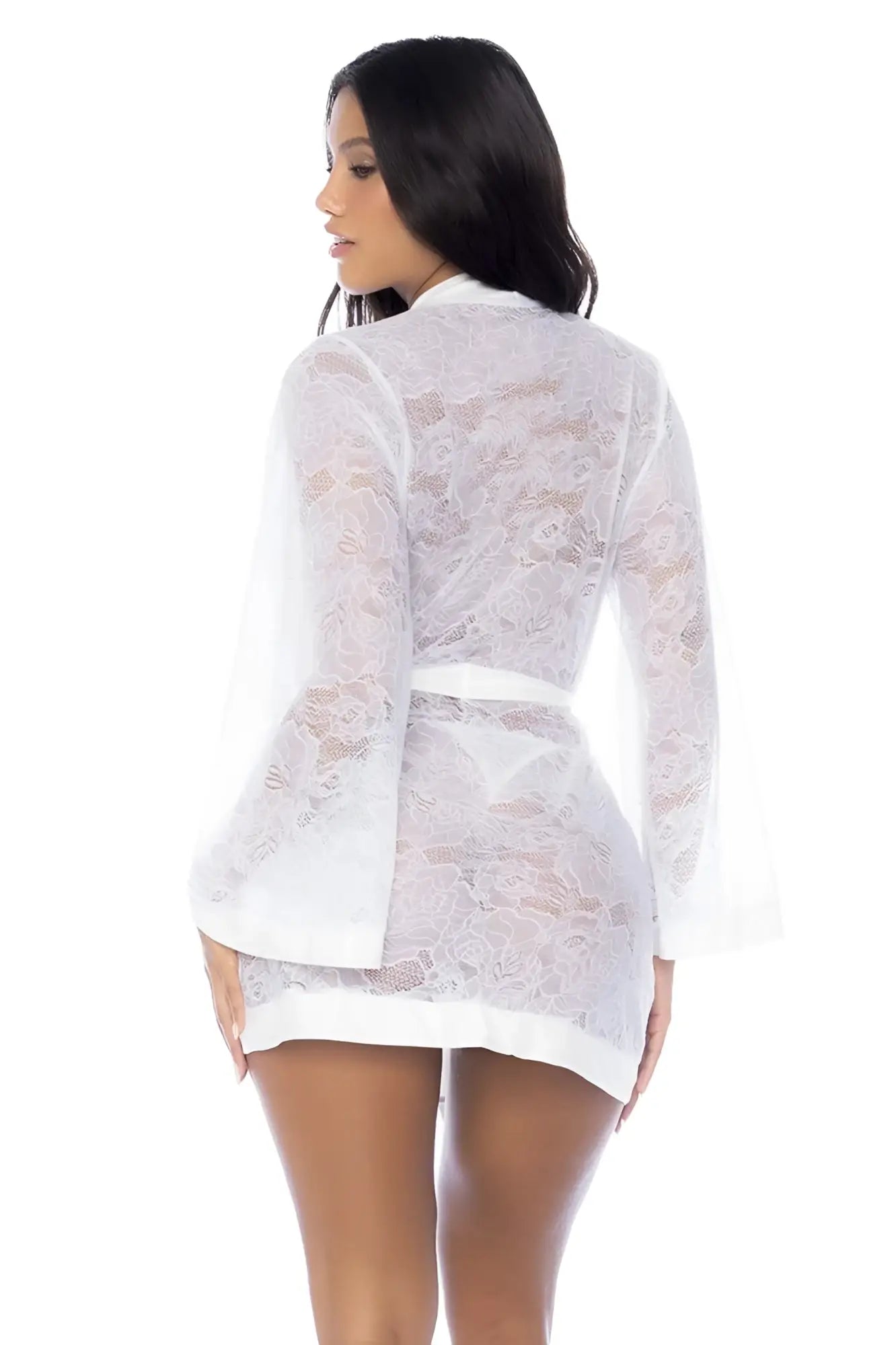 White lace robe with bell sleeves and matching belt by Mapale 7611 in white for elegant loungewear or bridal wear