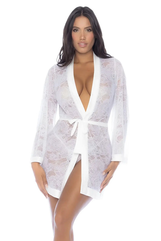 White lace robe mapale 7611 with deep v neckline and matching belt for elegant loungewear and sleepwear