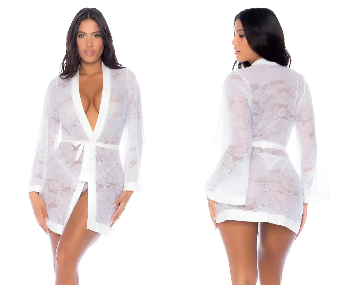 White lace robe mapale 7611 with deep v-neckline and matching belt in white lace fabric for elegant loungewear