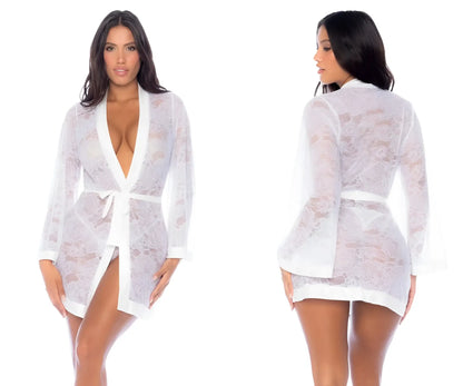 White lace robe mapale 7611 with deep v-neckline and matching belt in white lace fabric for elegant loungewear