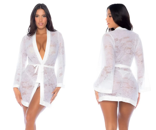 White lace robe mapale 7611 with deep v-neckline and matching belt in white lace fabric for elegant loungewear