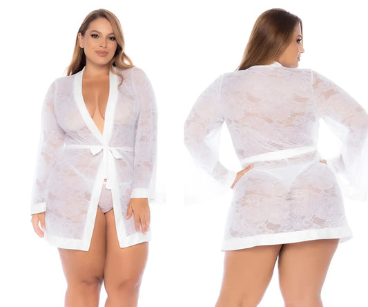White lace robe with long sleeves and matching belt by Mapale 7611X in white color for elegant loungewear