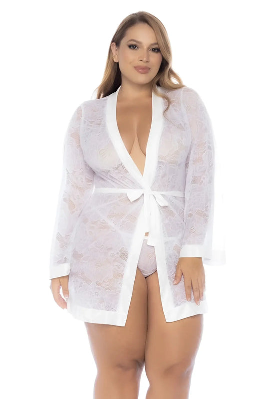 Mapale 7611X white lace robe with v-neckline long sleeves and matching belt tied in a bow at the waist