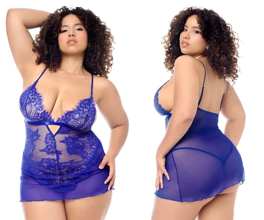 Mapale 7612X babydoll lingerie dress in blue sheer mesh with delicate floral embroidery and matching panty