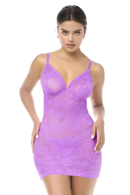 Lavender lace bodycon babydoll dress with thin spaghetti straps and v-neckline by Mapale color wild orchid