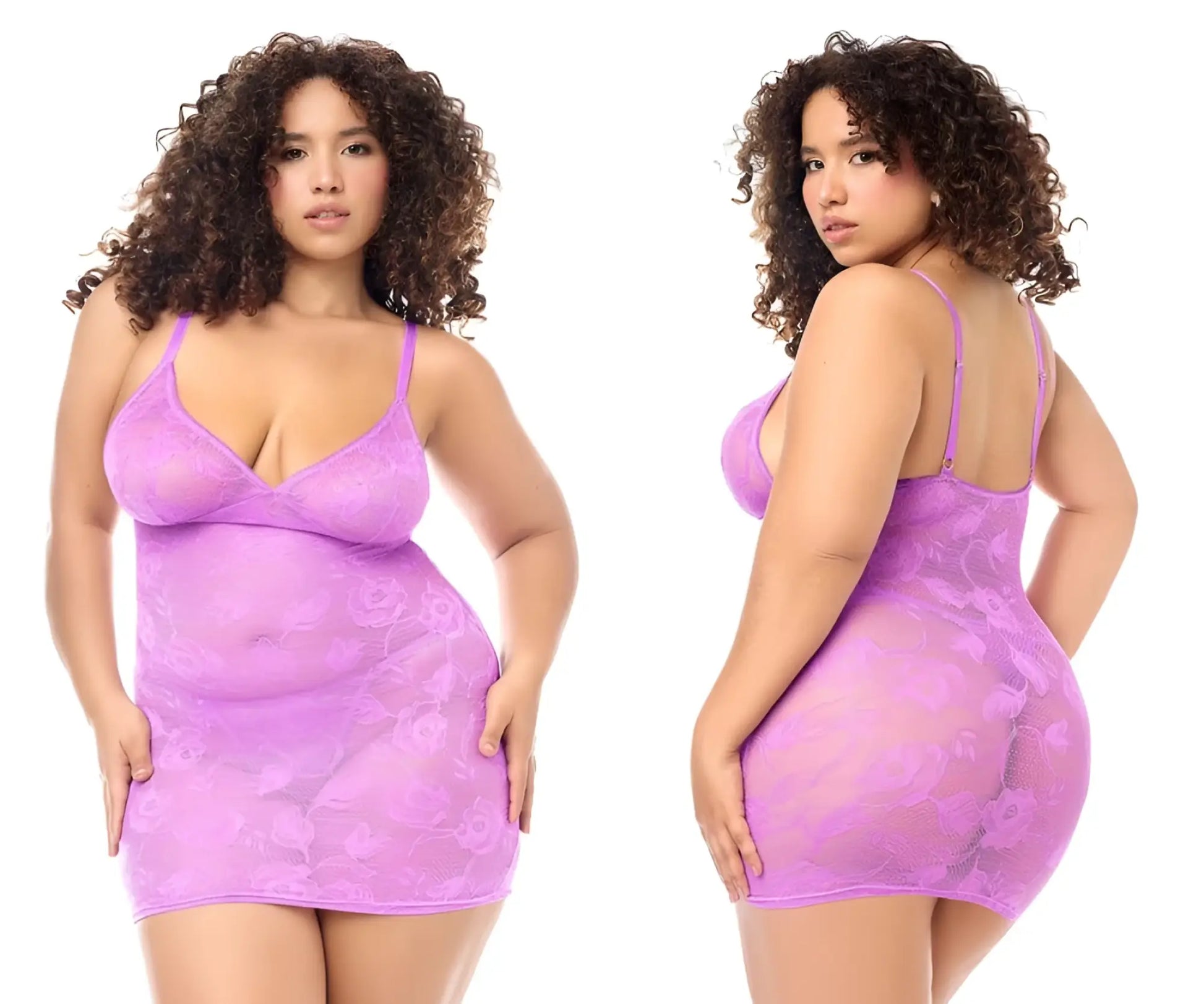 Lavender lace bodysuit with thin straps and floral pattern from mapale 7613x babydoll set color wild orchid