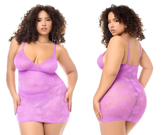 Lavender lace bodysuit with thin straps and floral pattern from mapale 7613x babydoll set color wild orchid