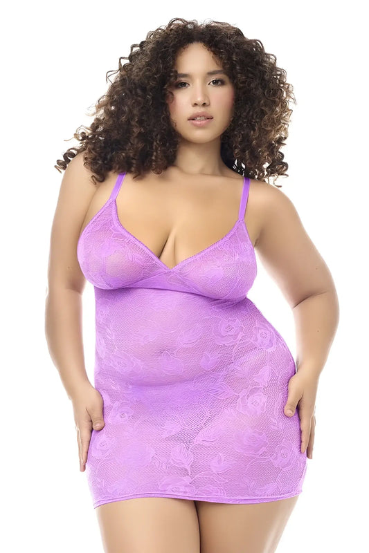 Mapale 7613X babydoll and matching panty in wild orchid featuring a lavender lace bodysuit with v-neckline and thin straps