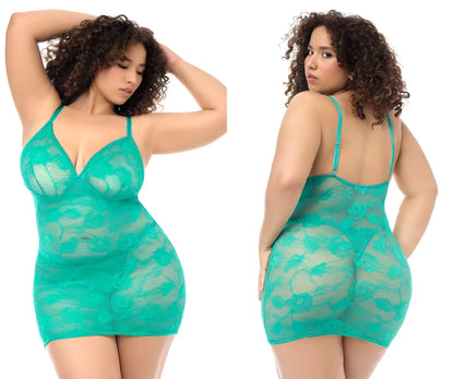 Teal lace bodycon Mapale 7613X babydoll with thin straps floral pattern and matching panty in wild teal color