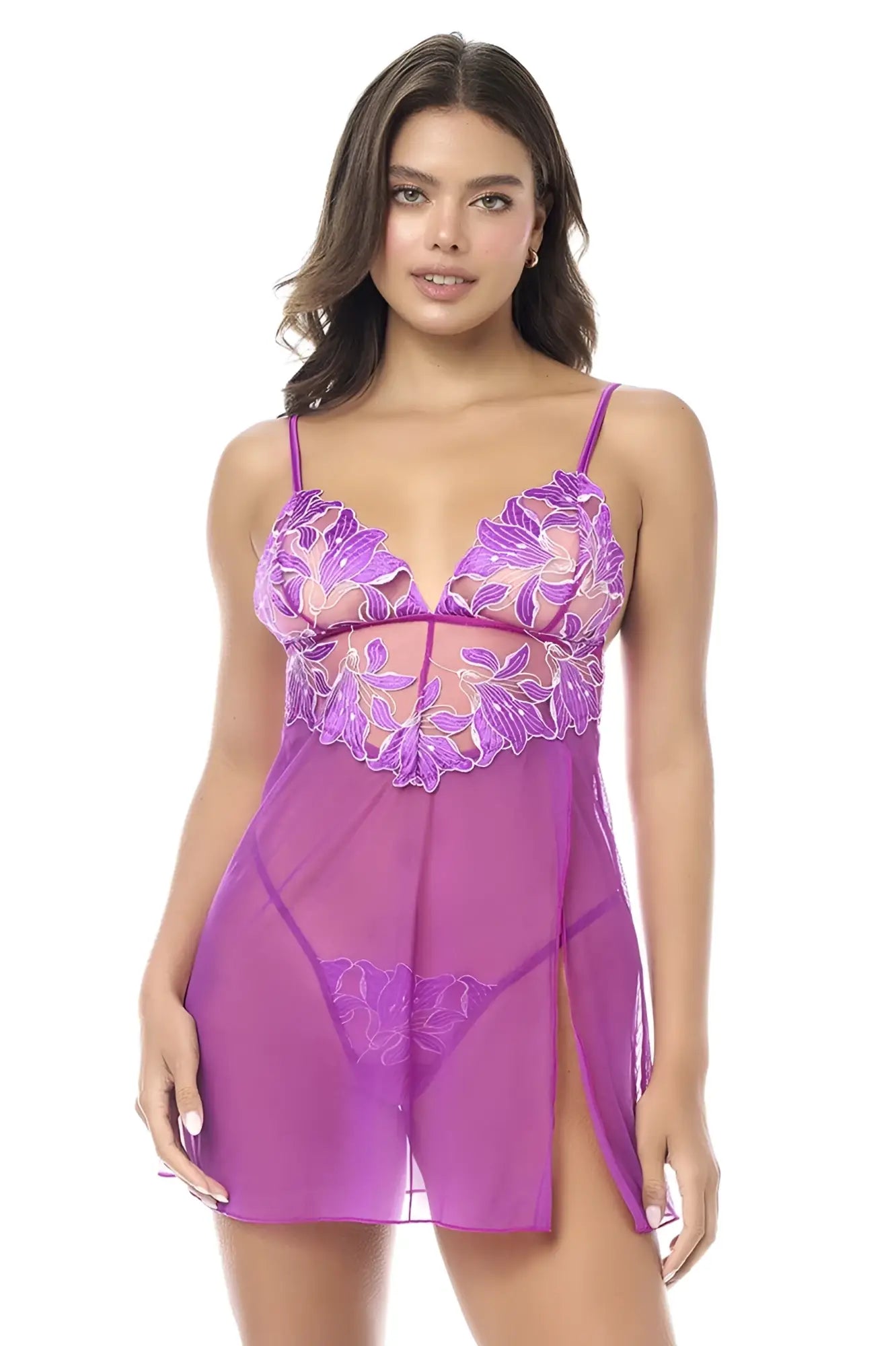 Purple floral lace chemise with sheer mesh panels and side slit by Mapale 7614 paired with azalea matching panty