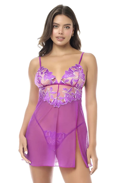 Purple floral lace chemise with sheer mesh panels and side slit by Mapale 7614 paired with azalea matching panty