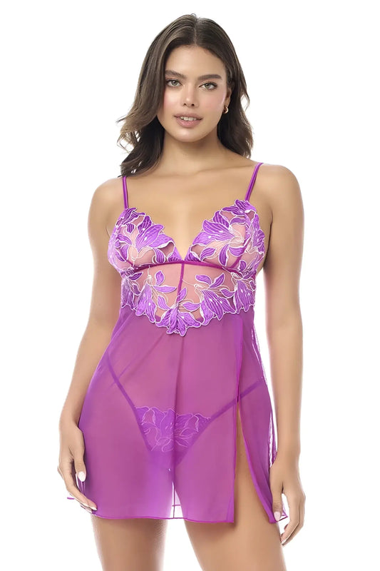 Purple floral lace chemise with sheer mesh panels and side slit by Mapale 7614 paired with azalea matching panty