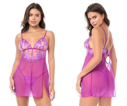 Purple lace and sheer mesh Mapale 7614 babydoll with floral embroidery and matching panty in azalea color
