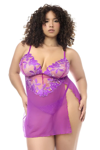 Mapale 7614X azalea purple floral lace babydoll with sheer mesh overlay and matching panty side slit detail