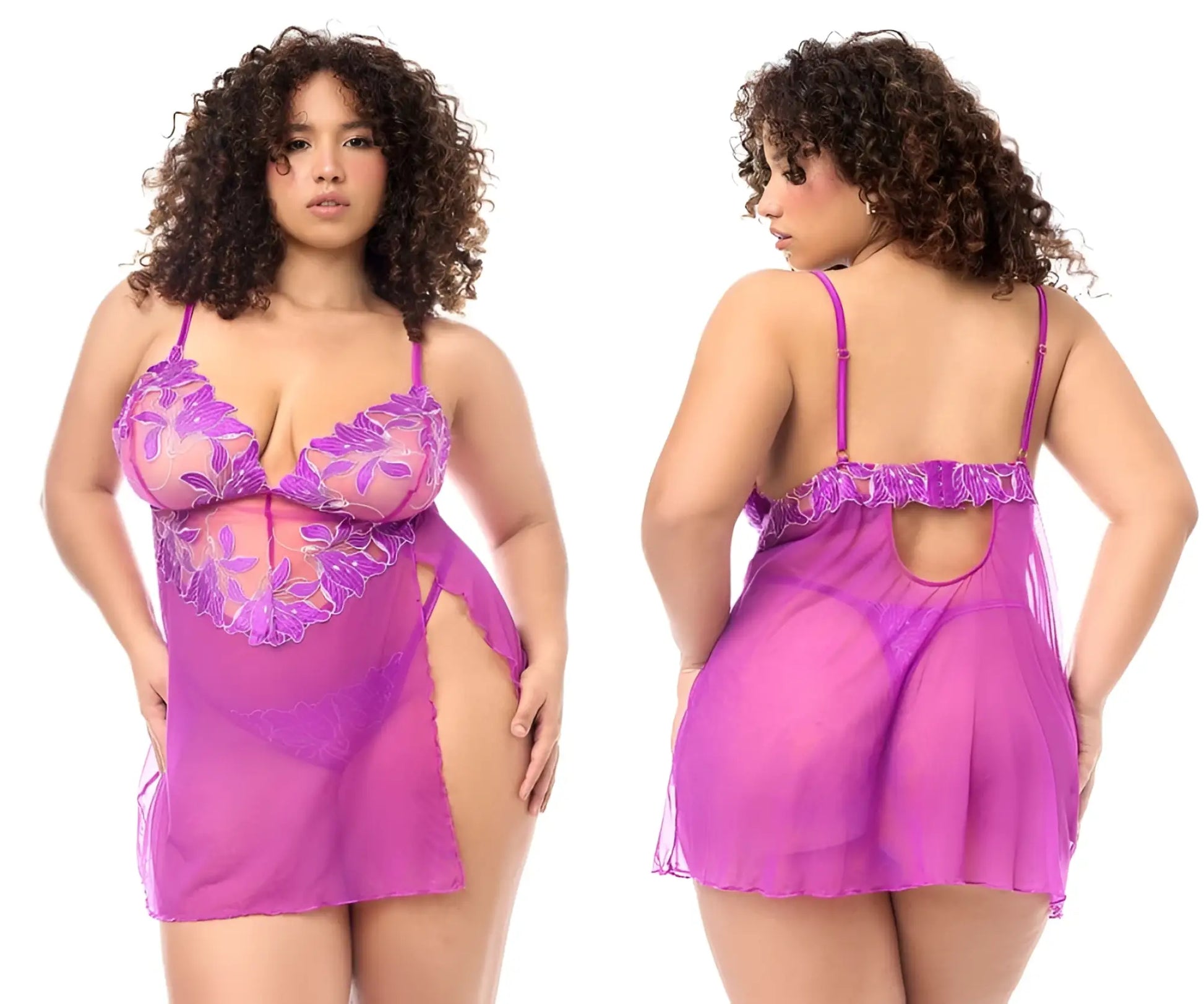 Purple lace and sheer mesh mapale 7614X babydoll with floral embroidery and matching panty in azalea color