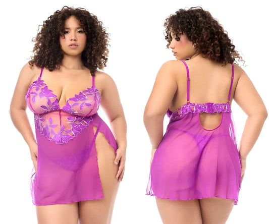 Purple lace and sheer mesh mapale 7614X babydoll with floral embroidery and matching panty in azalea color