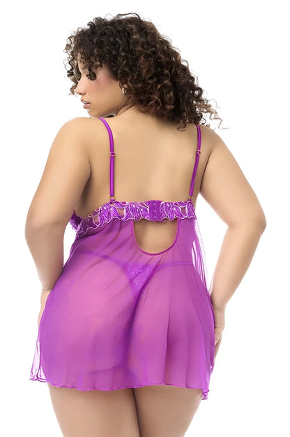 Purple sheer mapale 7614x babydoll nightgown with ruffled lace trim thin straps and matching azalea panty