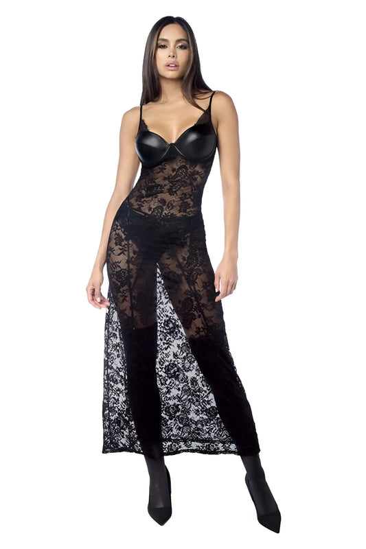 Black lace bodysuit mapale 7616 long gown with structured bra top sheer floral overlay and matching panty garter belt