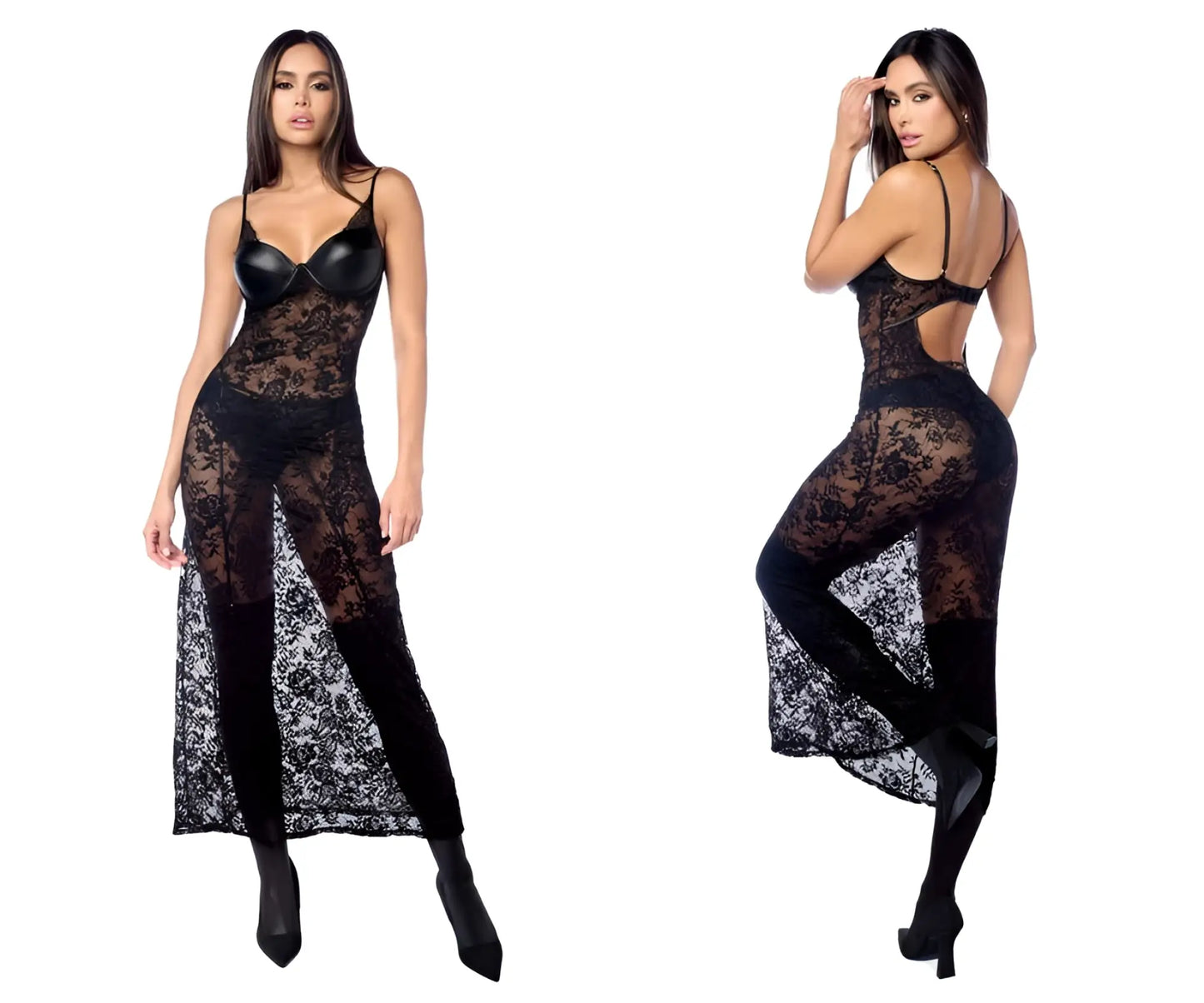Back view of mapale 7616 black lace bodysuit with sheer panels and a cutout paired with matching panty garter belt
