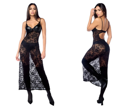 Back view of mapale 7616 black lace bodysuit with sheer panels and a cutout paired with matching panty garter belt