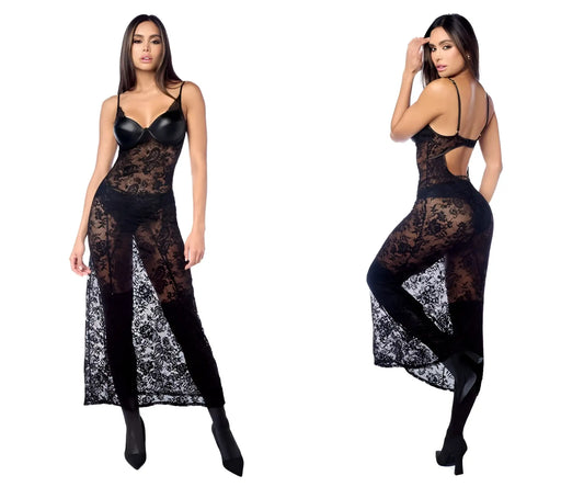 Back view of mapale 7616 black lace bodysuit with sheer panels and a cutout paired with matching panty garter belt