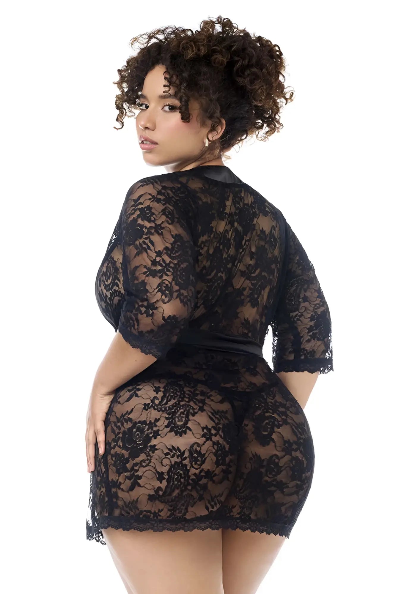 Black lace mini dress with three quarter sleeves and fitted silhouette from mapale 7618x with matching panty