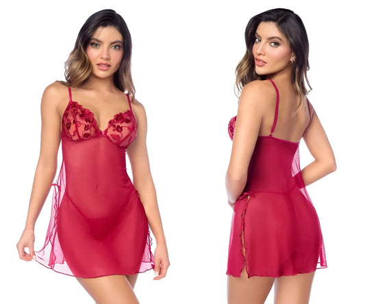 Red lace-trimmed sheer nightgown with thin straps and side ties in mapale 7620 babydoll with matching panty red