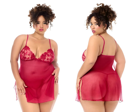 Red lace and sheer mapale 7620x babydoll nightgown with thin straps and matching panty in red color