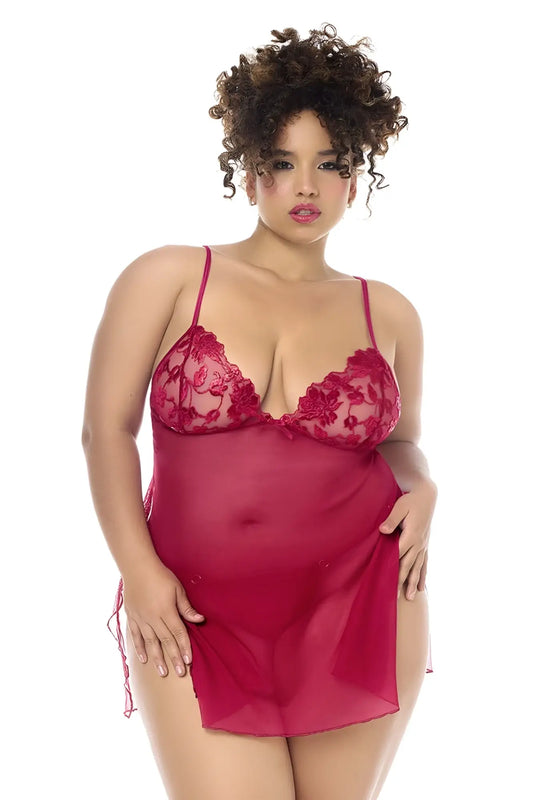 Sheer red lace-trimmed nightgown with thin straps and side ties from mapale 7620x babydoll set with panty