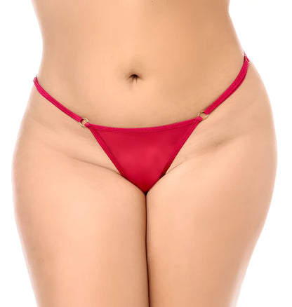 Red satin thong with thin adjustable straps and gold metal rings sides from mapale 7620x babydoll set