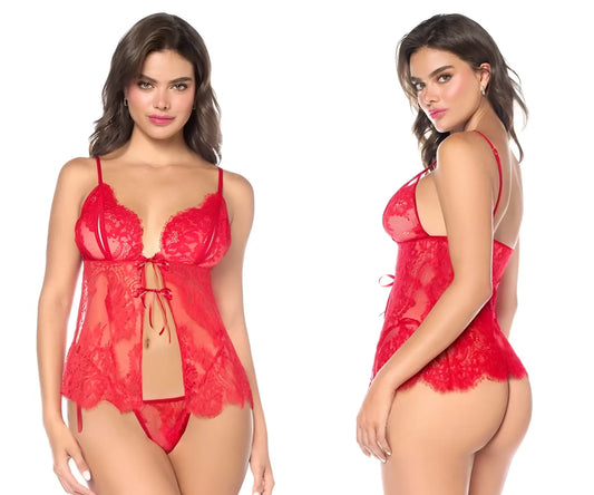 Red lace Mapale 7621 babydoll lingerie set with delicate floral patterns and front tie detail in red color