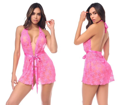 Mapale 7622 babydoll in vibrant pink lace with deep v-neckline backless design and satin ribbon belt at the waist