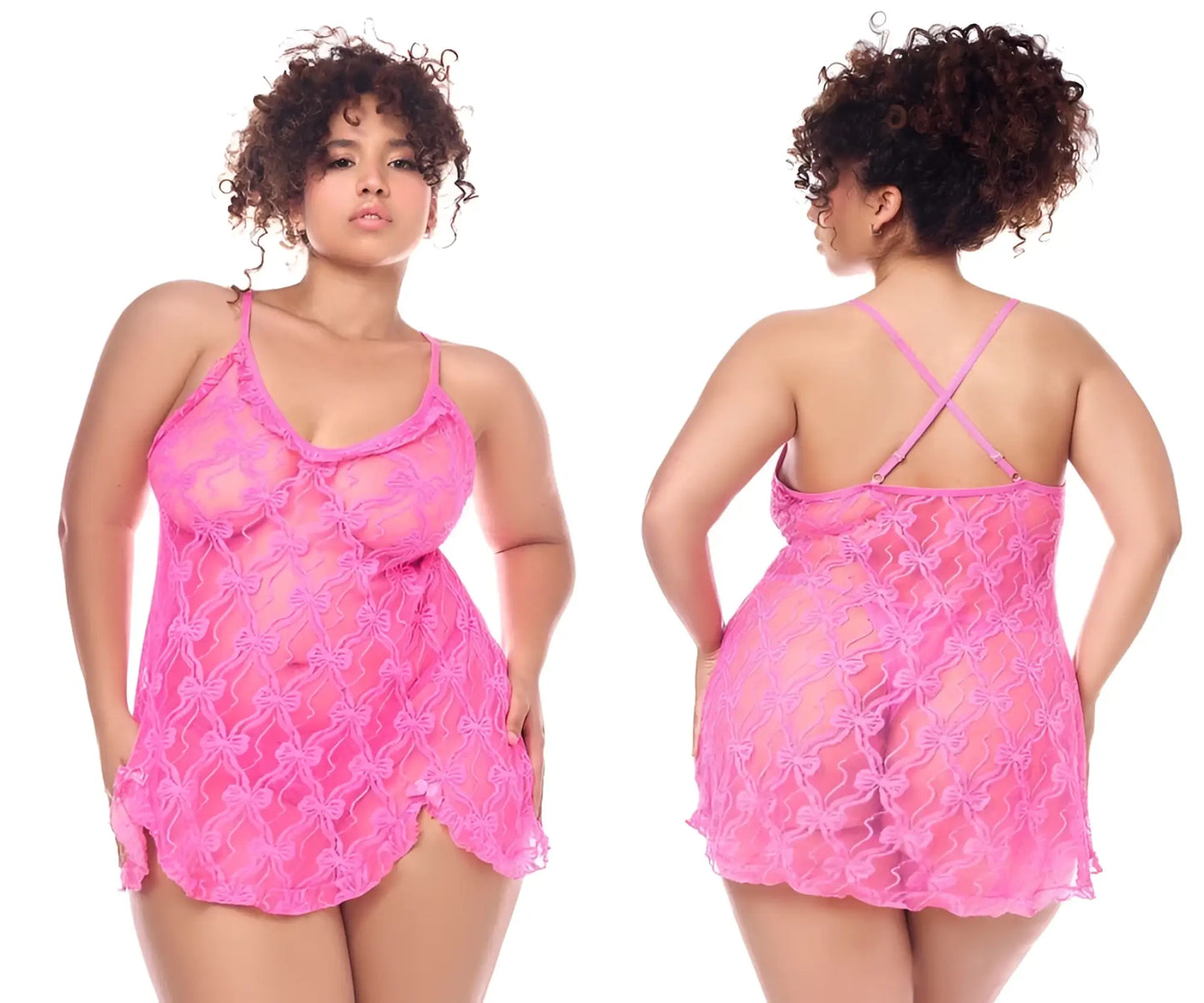 Pink lace nightgown with bow pattern and thin spaghetti straps babydoll with matching panty by mapale