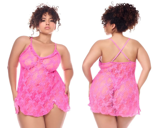 Pink lace nightgown with bow pattern and thin spaghetti straps babydoll with matching panty by mapale
