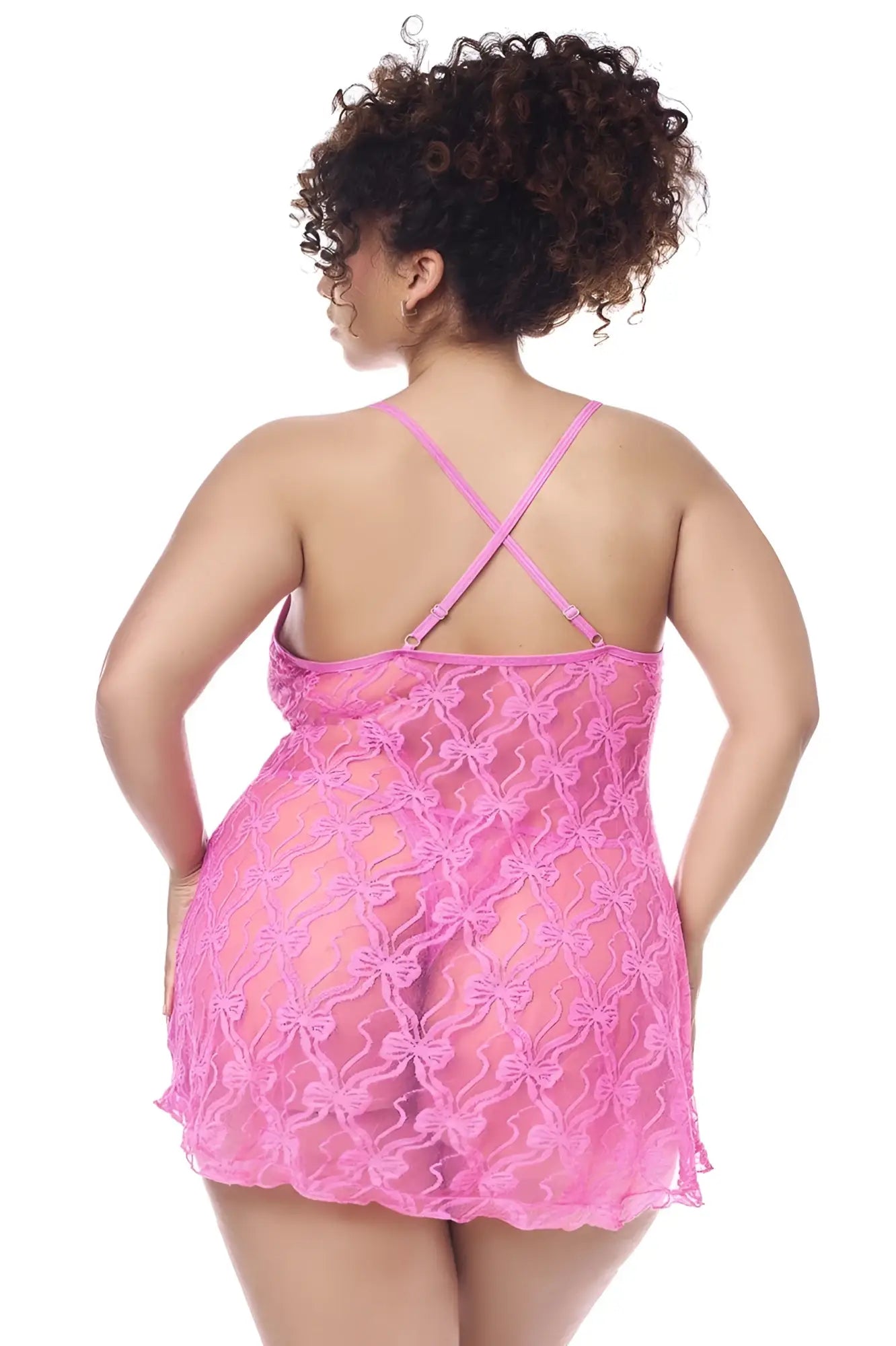 Pink lace nightgown with crisscross back strap design from mapale 7623X babydoll set with matching panty