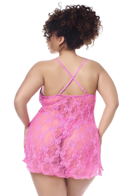 Pink lace nightgown with crisscross back strap design from mapale 7623X babydoll set with matching panty